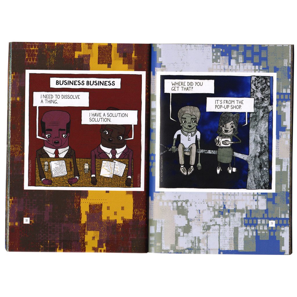 A spread from "The Penny Drops In Dodo Land" by Alex Russell, featuring cartoons about Business Business and Pop-Up Shops.