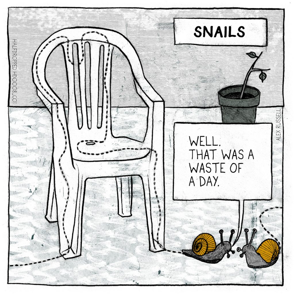 A snail has made a long journey up and down a plastic garden chair. They're saying "Well. That was a waste of a day." to their friend.