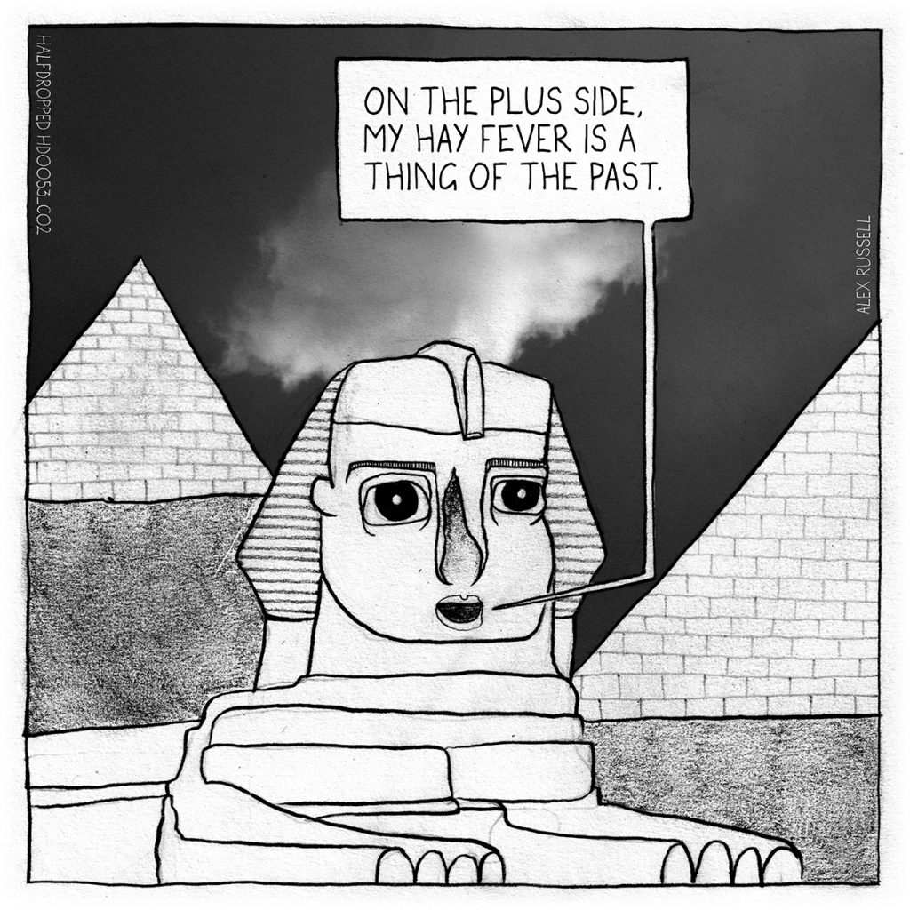 The Sphinx, with a nose allegedly shot off by Napoleon's troops, is saying "One the plus side, my hay fever is a thing of the past."