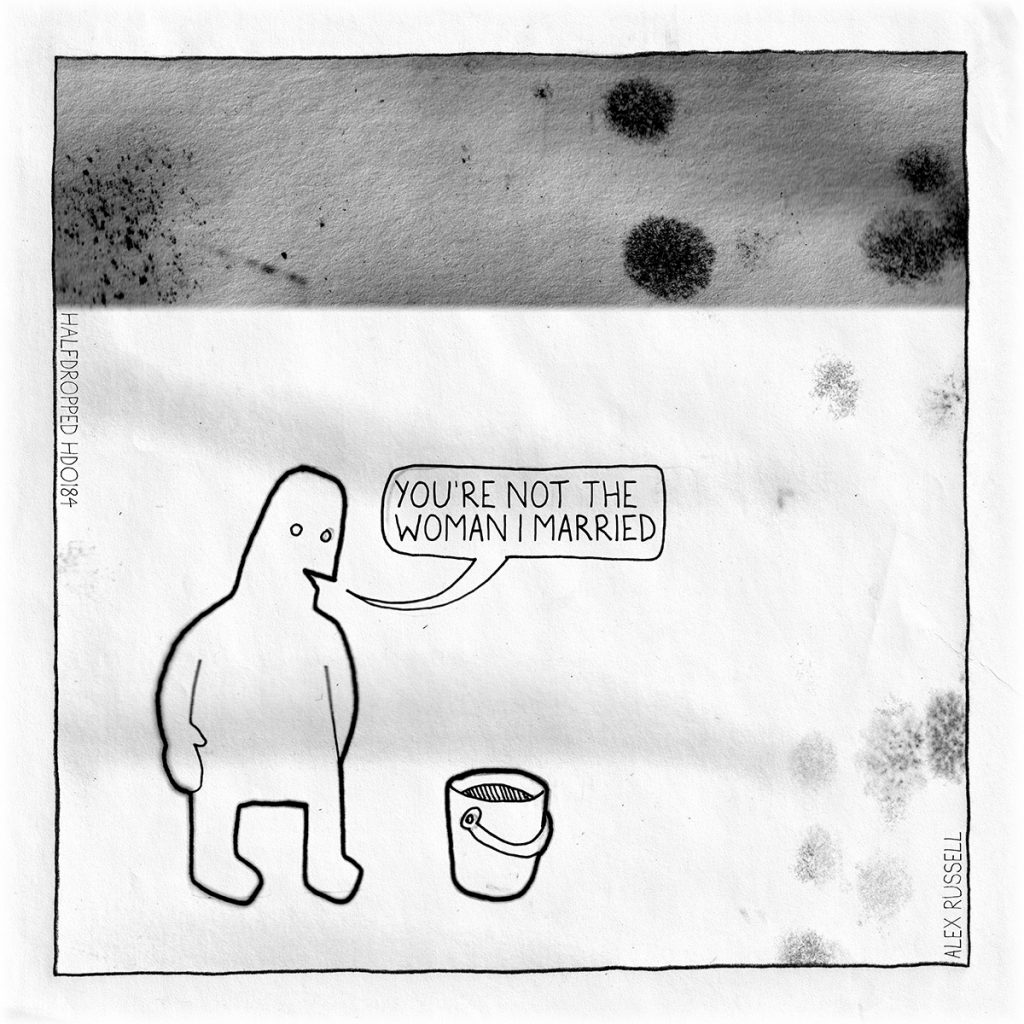 A man is talking to a bucket. He is saying "You're not the woman I married."