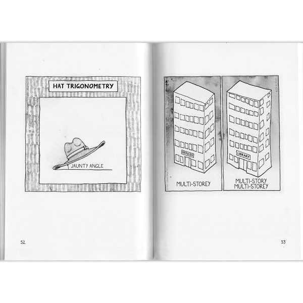 A spread from "I'm Not A Happy Bunny" by Alex Russell, featuring cartoons about Hat Trigonometry and multi-storey buildings.