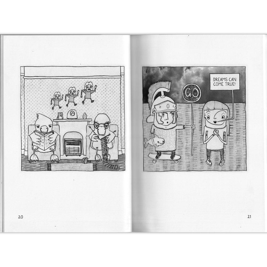 A spread from "I'm Not A Happy Bunny" by Alex Russell, featuring cartoons about domestic ducks and dreams.