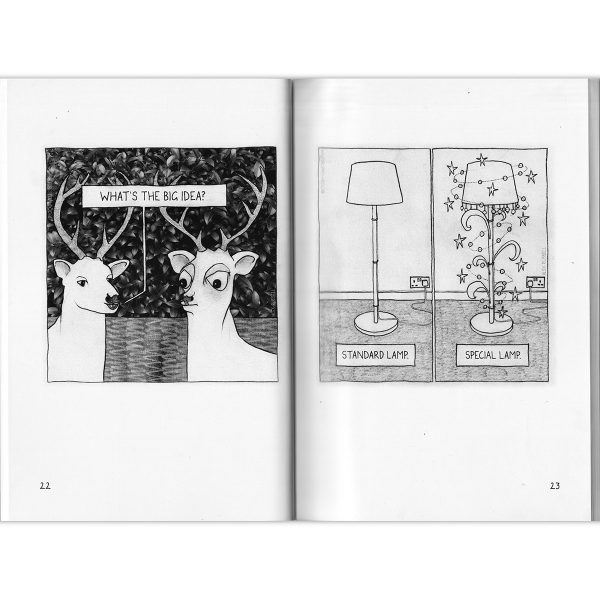 A spread from "I'm Not A Happy Bunny" by Alex Russell, featuring cartoons about deers and standard lamps.